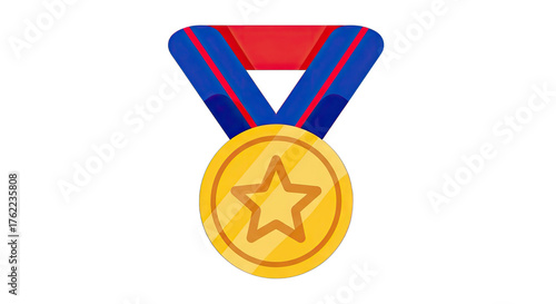 Gold medal with a star, hanging from a blue and red ribbon, symbolizing achievement