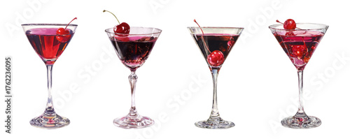 Watercolor set of cherry cocktails. Vintage glass glasses with cherry cocktails and cherries. Berry alcoholic drinks in glasses. Retro bar elements. Vector illustration.