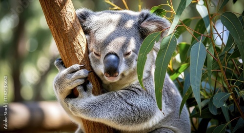 A koala hugging eucalyptus branch in dappled light 4