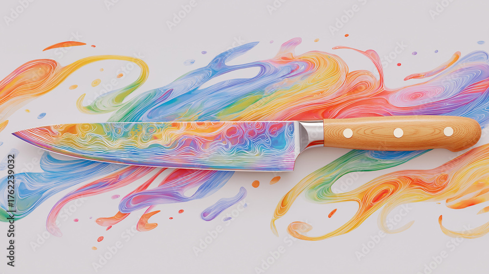 Fototapeta premium Rainbow Knife: A unique culinary tool, the knife is adorned with vibrant colors resembling a rainbow, resting against a backdrop of fluid, painted strokes.