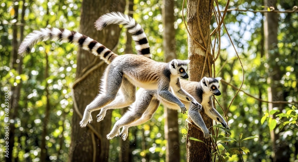 Naklejka premium A lemur pair leaping between trees in Madagascar forest 4