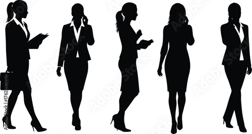 Businesswoman Silhouette Set in Professional Attire with Briefcases, Phones, Clipboards, and Confident Poses in Office Scenes