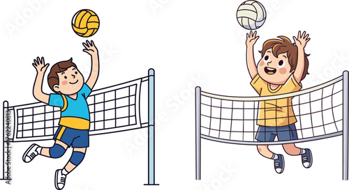 Cartoon children playing volleyball, sport activity, jumping action, teamwork, physical exercise, healthy lifestyle, vector illustration, kids game, dynamic movement