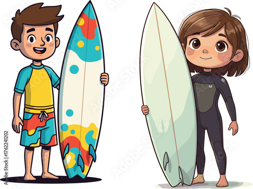 Cartoon children with surfboards, beach outfit styles, summer ocean activity, surf culture diversity, wetsuit and rash guard, outdoor fun, water sport