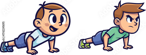 Cartoon kids doing push-ups, fitness exercise illustration, physical activity for children, workout posture, healthy lifestyle, vector art, strength training concept