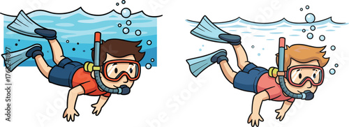 Cartoon person snorkeling underwater, swimming with fins, scuba mask, ocean bubbles, aquatic motion, summer activity, playful dive, water surface illustration
