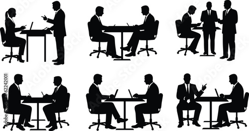 Business People Silhouette Set Engaged in Meetings, Interviews, and Professional Discussions with Laptops, Tables, and Corporate Gestures