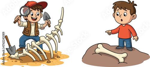 Children discovering fossils, cartoon vector of paleontology adventure, digging bones with tools, educational exploration, archaeology activity, outdoor science fun
