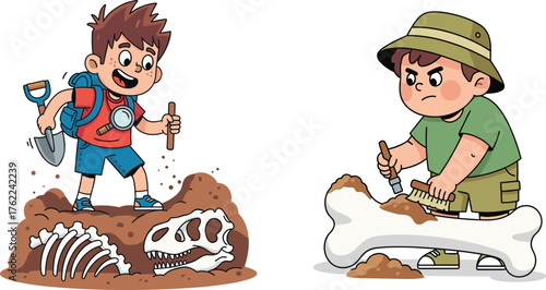 Children excavating dinosaur fossils, cartoon vector of paleontology adventure, digging bones and brushing skeletons, educational exploration, outdoor science activity, discovery fun