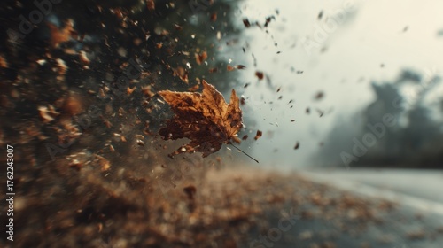 A close-up of a leaf being blown away, creating a dynamic splash of debris against a blurred, misty background, evoking feelings of autumn and movement.