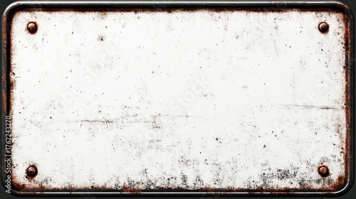 A weathered, rusty metal plate with a textured white surface, featuring rounded edges and visible screws.