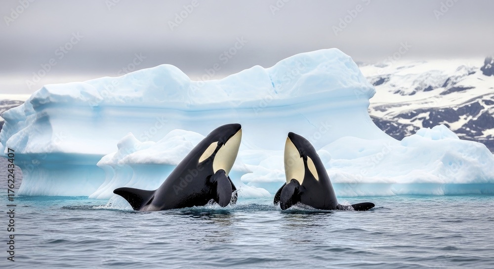 Fototapeta premium A pair of killer whales (orca) surfacing near iceberg 3