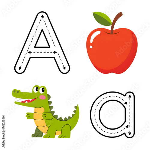 Alphabet Letter A Learning Kit: Tracing Capital and Lowercase A with Cartoon Apple and Alligator on Black Background for Kids Education