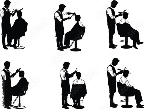 Barber Cutting Hair Silhouette Set Showing Professional Haircut Process in Salon Chair with Scissors, Comb, and Cape Interaction