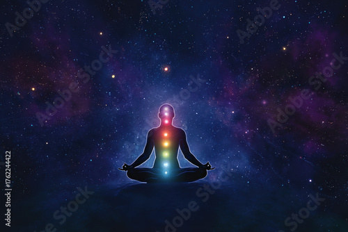 A digital illustration of a meditating figure against a cosmic backdrop, featuring vibrant chakra colors aligned along the spine, evoking tranquility.