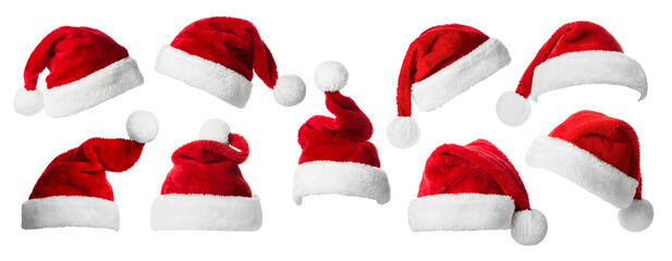 Collage with Santa Claus hats set, closeup objects. Isolated on transparent background. Christmas and New Year celebration