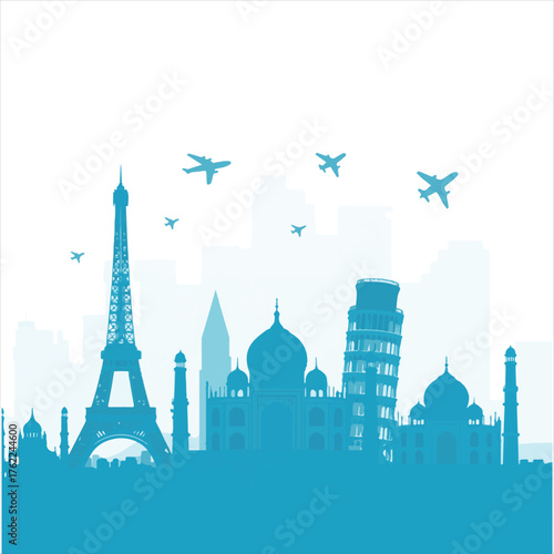 World Travel Landmarks Vector Illustration,Famous Monuments and Airplanes Travel Concept,Global Tourism and Adventure Flat Design,International Landmarks Travel Background,Travel Around.