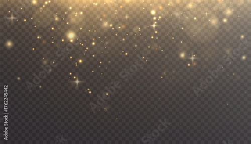 Gold dust, glowing bokeh. Christmas glowing bokeh and glitter texture on a transparent background. Abstract vector background with golden sparkling particles.