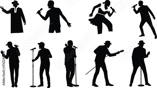 Singer Silhouette Set Featuring Vocalists and Guitarists in Expressive Music Performance Poses with Microphones and Stage Gestures