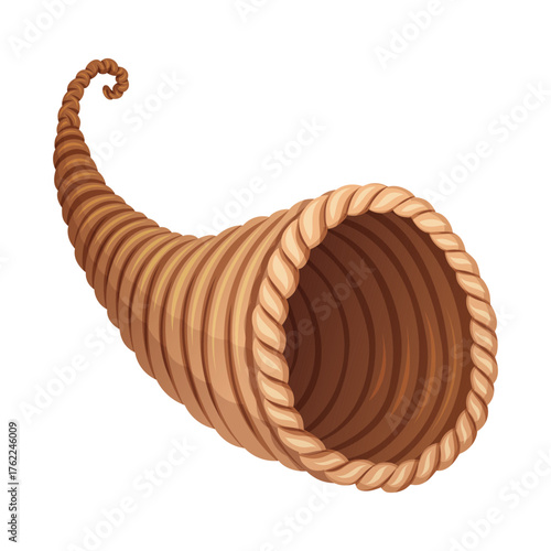 Cornucopia horn of plenty empty in vector cartoon style. Twisted beige and brown wicker with playful harvest detail. Great for autumn template or Thanksgiving card. Perfect for fall season holiday.