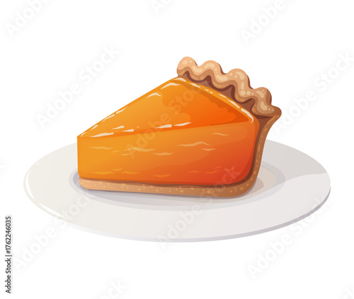 Pumpkin pie slice on the plate in vector cartoon style. Orange baked dessert with festive autumn food decor. Great for Thanksgiving card or fall menu. Perfect for seasonal harvest festival artwork.