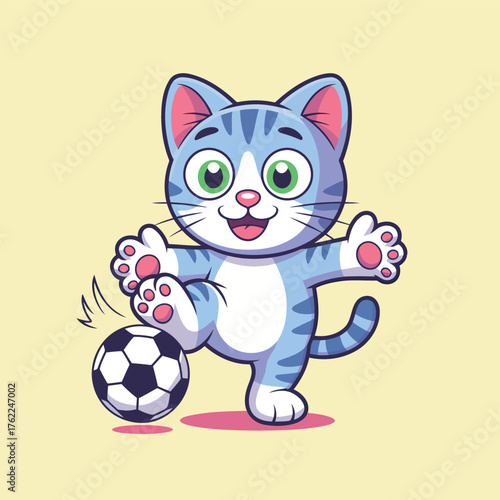 Playful cartoon cat kicks soccer ball with joyful energy, perfect for sports, kids' content, and fun designs