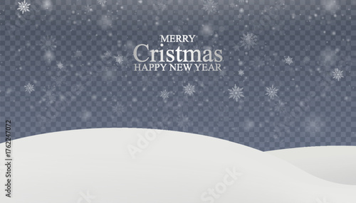 A Christmas winter background with soft snowy hills and falling snowflakes. The light snow, soft glow, and clear atmosphere create the feeling of a winter landscape.