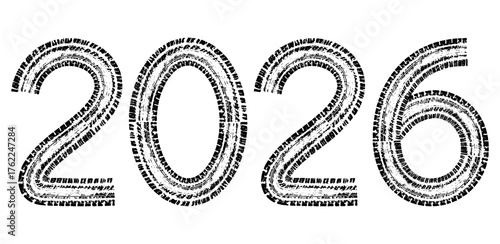 Tire wheel marks of car in view of numbers 2026. New year. Vector illustration