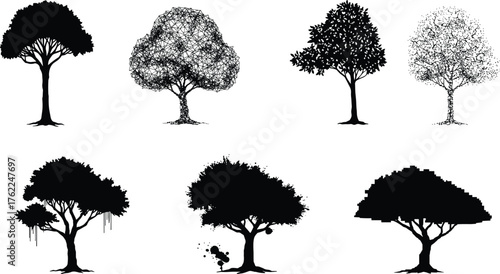 Artistic tree silhouettes, creative foliage patterns, abstract canopy designs, botanical illustration, nature art, eco concept, landscape element, modern style, plant outline