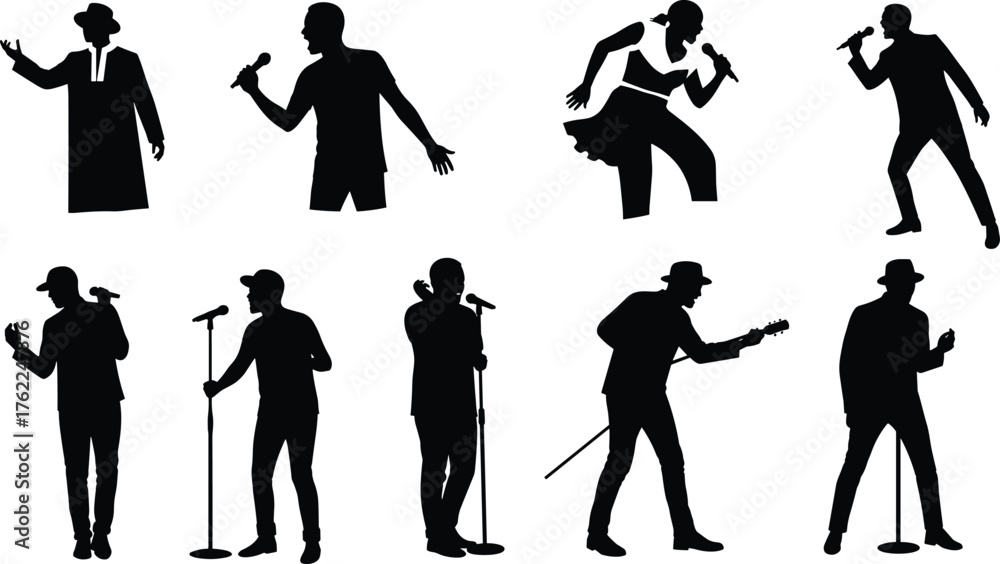 Obraz premium Singer Silhouette Set Featuring Vocalists and Guitarists in Expressive Music Performance Poses with Microphones and Stage Gestures