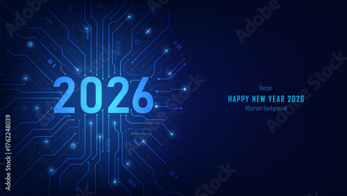 2026 digits on circuit board background. New Year card or digital tech calendar poster. Cybersecurity, engineering innovation, AI optimization tools, and future tech trends. Vector illustration.