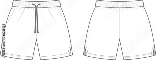 Men’s athletic shorts technical flat sketch, front and back view, detailed CAD drawing, sportswear fashion vector template design illustration