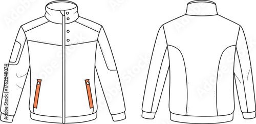 Technical jacket flat sketch front and back view, modern outerwear design template, winter fashion apparel vector, cad drawing flat vector illustration