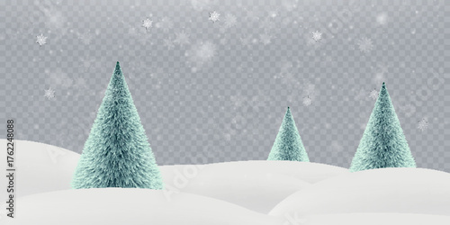 Christmas Winter Background. A realistic winter backdrop with snow-covered hills, fir trees, and falling snowflakes, creating a festive effect.