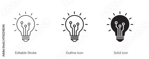 Artificial intelligence AI circuit and light bulb icon. Creative solutions, technological progress, and future innovations. Icon element for app and web. Vector illustration. Editable stroke.