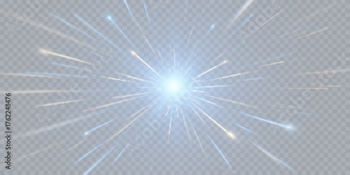 Blue glowing burst of light with transparent background. Bright radiant energy explosion with sparkling rays and smooth glow forming a luminous flash or magic star effect.