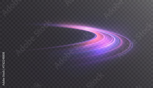 A purple light trail with a soft glow and a curved arc against a dark background. A vibrant abstract motion or impact effect for game interfaces, magic spells, and digital design.