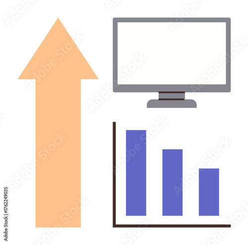 Monitor with blank screen, bar chart in blue, and upward peach arrow symbolizing growth, success, data analysis, business development, performance tracking, progress and innovation. A simple flat