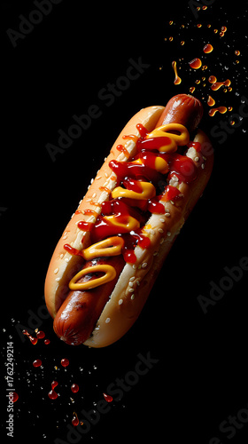 Classic Hot Dog with Mustard and Ketchup on Black Background