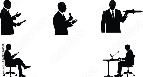 Business Professional Silhouette Set in Presentation, Public Speaking, Technical Demonstration, and Office Work Poses with Laptop and Microphone