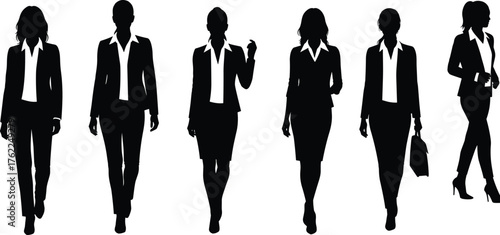 Business Professional Silhouette Set in Confident Walking and Standing Poses with Suits, Handbags, and High Heels