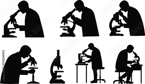 Scientist Silhouette Set Using Microscopes in Various Lab Postures and Equipment Setups for Research, Biology, and Medical Science
