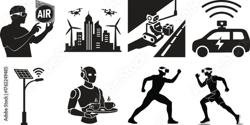 A collection of black and white icons depicting augmented reality, smart cities, electric vehicles, and renewable energy solutions.