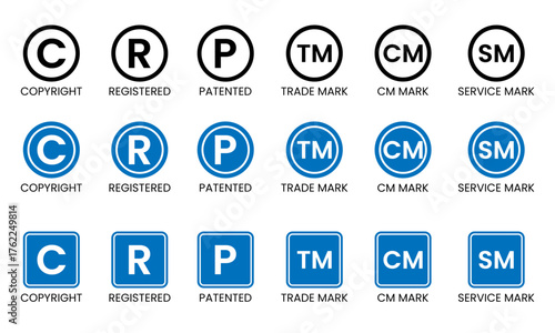 Copyright, Registered, Patented, Trademark, CM, and Service Mark icon set — legal intellectual property and brand protection symbols in flat blue and black design