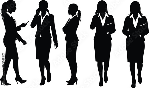 Businesswoman Silhouette Set in Professional Attire with Phones, Folders, and Confident Poses in Office and Corporate Scenes