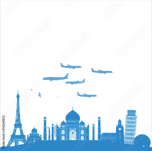 World Travel Landmarks Vector Illustration,Famous Monuments and Airplanes Travel Concept,Global Tourism and Adventure Flat Design,International Landmarks Travel Background,Travel Around.