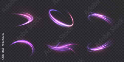 Set of glowing purple vortex trails on a transparent background. Dynamic swirling energy effects resembling shockwave impact with curved light motion and luminous bursts.