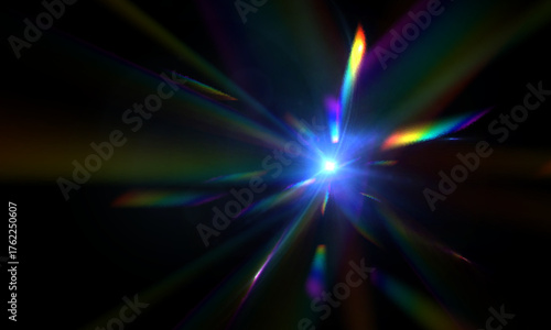 A bright flash of light with iridescent rays against a dark background. A vibrant spectral flare with radiance and reflections, creating the effect of a vibrant optical glow.