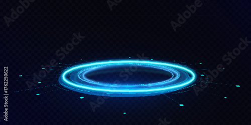 Blue glowing circular ring on a dark background. Futuristic luminous platform with digital light particles forming a sci-fi teleport or energy portal effect.