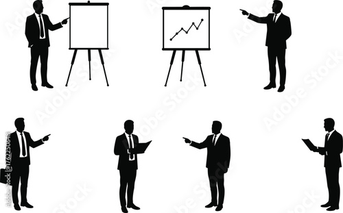Business Presentation Silhouette Set Featuring Professionals with Charts, Graphs, Briefcases, and Data Boards in Corporate Strategy Scenes